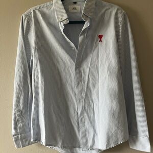 ami Paris woman’s Light Blue Pinstripe Button-Down Shirt with Red Logo